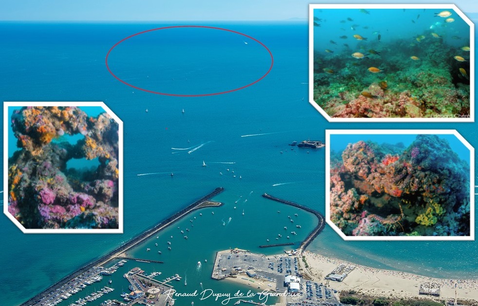 Vue aérienne de la réserve marine du Brescou dans le site N2000 de l'Aire marine protégée de la côte agathoise | Crédit : Renaud Dupuy de la Grandrive Vue aérienne de la réserve marine du Brescou dans le site N2000 de l'Aire marine protégée de la côte agathoise | Crédit : Renaud Dupuy de la Grandrive